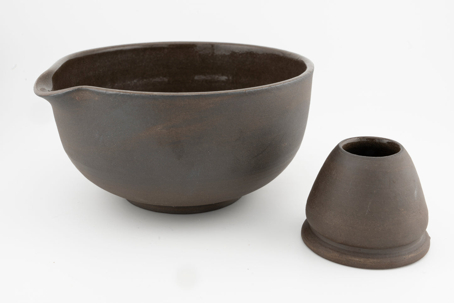 Matcha Bowl (Chawan) with matching Whisk Holder in Brown Stoneware