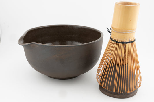 Matcha Bowl (Chawan) with matching Whisk Holder in Brown Stoneware